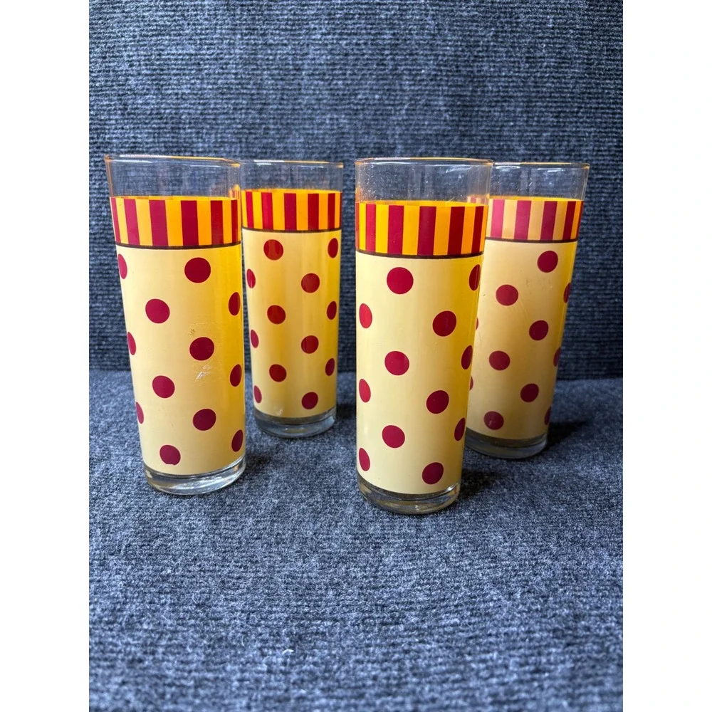 Vintage Libbey Highball Glasses Set of 4 Red Polka Dot Yellow Striped Retro MCM‎